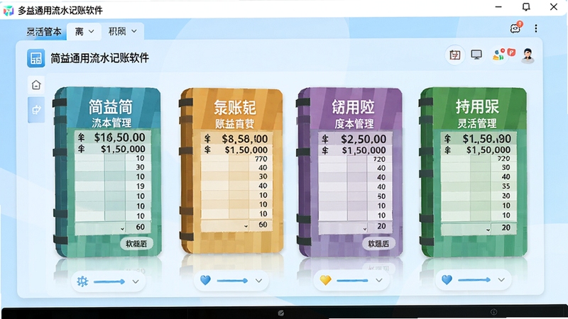 简益通用流水记账软件的多账本管理界面,屏幕上并排显示多个彩色账本封面,每个账本标有不同的名称和金额统计,背景为淡蓝色渐变,界面布局整洁,突出软件的灵活管理功能,整体色调明亮舒适。
