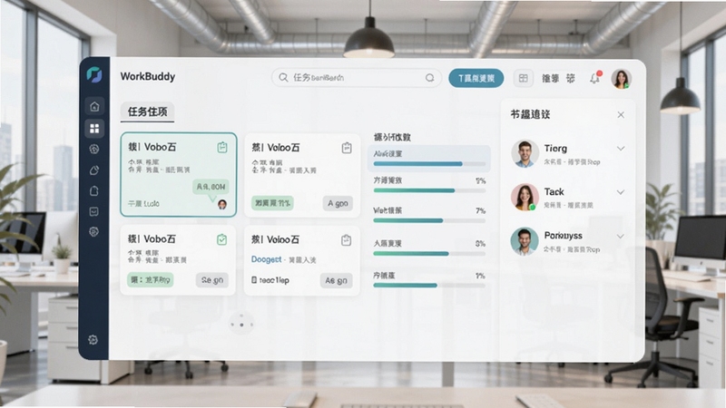 WorkBuddy软件主界面预览图,展示任务看板与团队协作区域,背景为现代化办公场景,整体色调清新明亮,界面布局简洁,突出任务卡片与进度条,适配Boogu模型生成