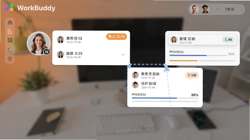 WorkBuddy任务分配界面截图,显示多成员头像与任务卡片拖拽效果,带有截止日期标签和进度条,背景为渐变色工作台,风格现代简约