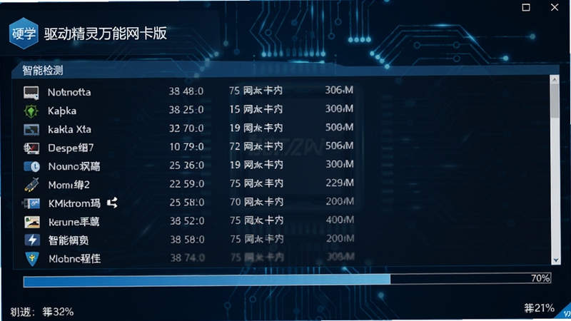 驱动精灵万能网卡版正在进行硬件检测的界面,屏幕上滚动显示检测到的硬件列表,包括网卡、显卡、声卡等,进度条处于70%位置,界面风格科技感强,蓝色调为主,突出智能检测功能