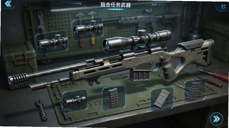 狙击任务武器改装界面预览图,画面展示一把正在拆解的狙击步枪,周围悬浮着各种配件图标如瞄准镜、枪口制退器、弹匣,背景为军事风格的武器工作台,UI设计科技感十足,枪械模型精致,光影反射清晰,强调游戏的枪械DIY深度