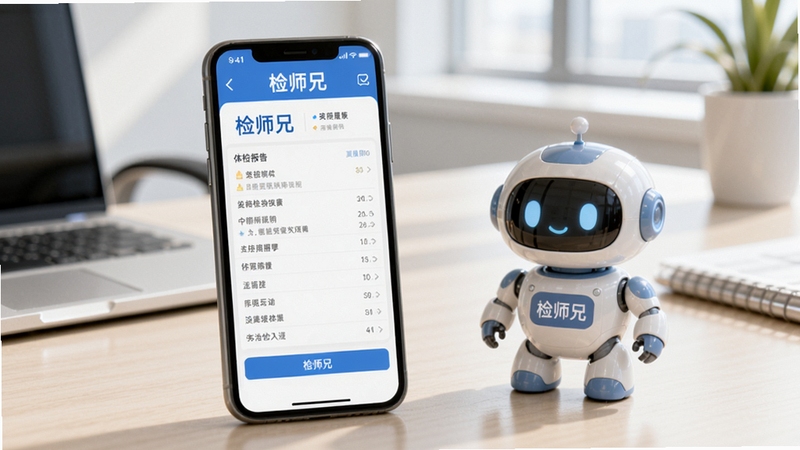 检师兄软件使用场景图,一部智能手机屏幕上显示检师兄的体检报告页面,手机旁边放着一个小型机器人形象,背景为明亮的办公桌,光线充足,画面清晰,突出软件的实际应用效果,包含“检师兄”字样