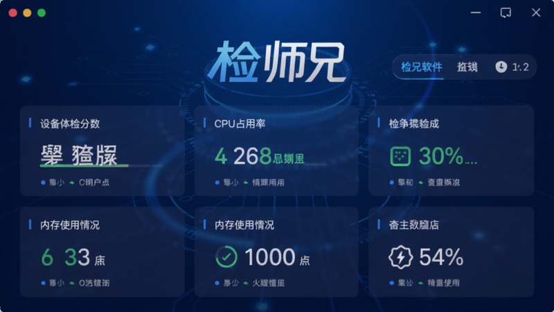 检师兄软件主界面截图,显示设备体检分数、CPU占用率、内存使用情况等核心信息,背景为深蓝色科技感渐变,界面元素清晰明亮,突出软件名称“检师兄”Logo,整体风格现代简洁,适合应用商店展示图