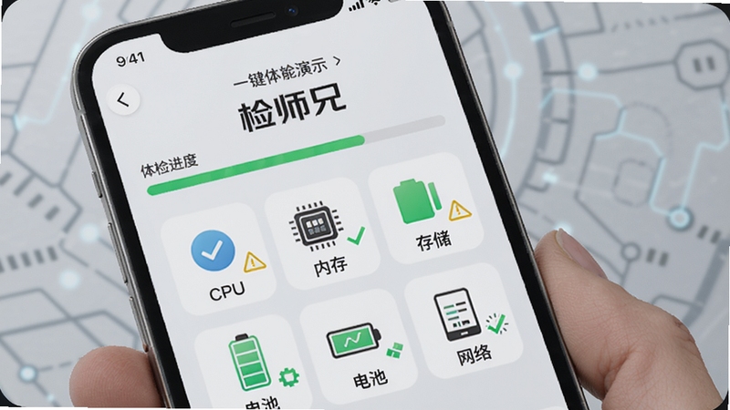 检师兄一键体检功能演示图,手机屏幕显示体检进度条和各项检测图标,包括CPU、内存、存储、电池、网络,每个图标有绿色对勾或黄色警告标志,背景为浅灰色科技感纹理,突出“检师兄”品牌名称,画面风格写实清晰