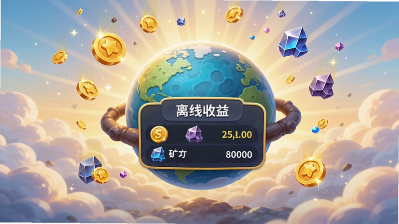 启俄星球离线收益展示图,一个卡通星球悬浮在云层上,周围有金币和资源图标飘落,界面中央显示“离线收益”面板,列出金币、矿石等数量,背景是晨曦光芒,画面明亮且富有希望感,突出挂机收益的便捷性