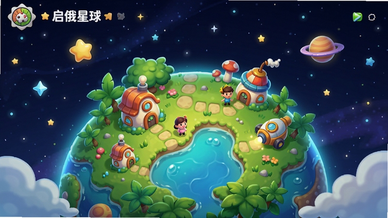 启俄星球主界面预览图,展示一个色彩斑斓的卡通星球全景,星球表面有绿色植被、蓝色水域和可爱的小建筑,背景是深邃的星空与闪烁的星星,画面明亮活泼,整体风格清新治愈,突出星球探索与养成的核心氛围,适合作为软件首页展示图