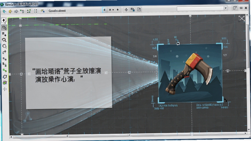 斧子演示软件画布缩放操作演示图,展示从一个文字块平滑缩放到另一个图片块的动态效果,背景带网格线,界面清晰,科技感强