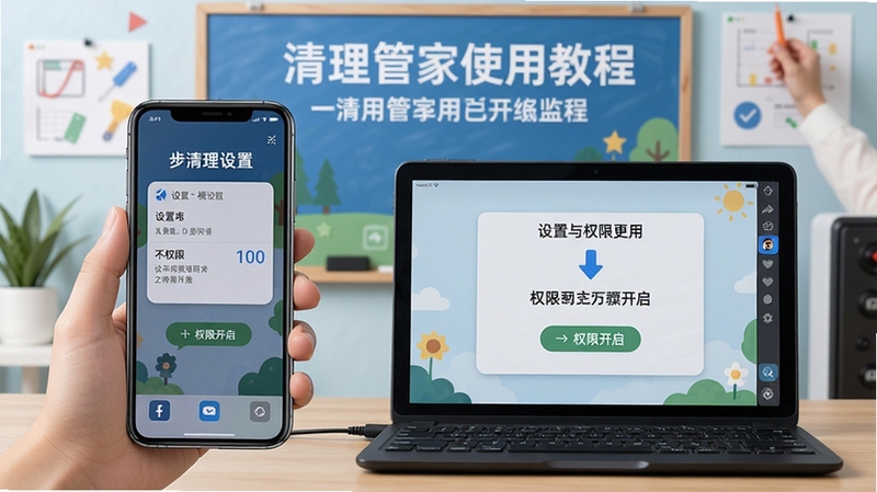 清理管家使用教程示意,手机连接电脑模拟器,屏幕显示设置与权限开启步骤,背景为教学风格展示