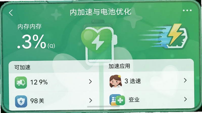 清理管家内存加速与电池优化界面,手机屏幕显示内存占用百分比与可加速应用列表,背景为绿色健康风格,有电池和速度元素