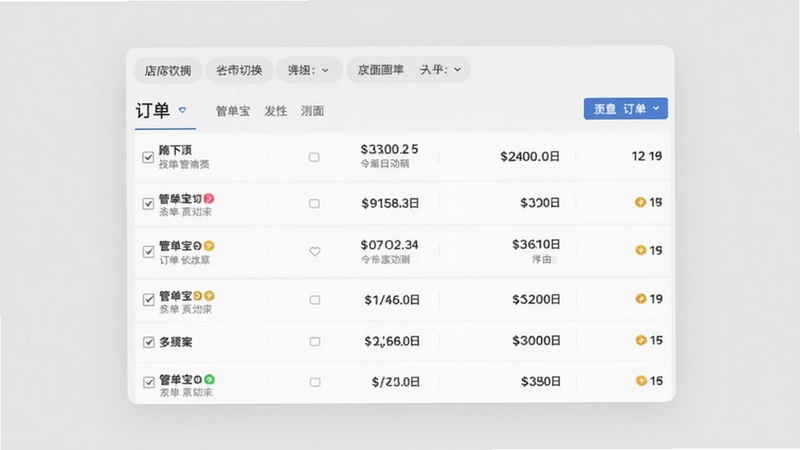 管单宝软件主界面预览图,画面中心显示一个简洁的订单列表,顶部有店铺切换标签,背景为浅灰色,整体风格商务清晰,突出软件核心功能。