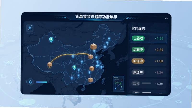 管单宝物流追踪功能展示,地图上显示包裹运输路径,列表中有已签收、运输中、派送中等状态标签,背景为淡蓝色科技感风格,突出实时追踪能力。