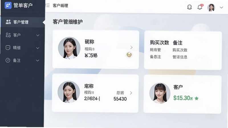 管单宝客户管理界面,以卡片形式展示客户头像、昵称、购买次数和备注信息,背景柔和,强调客户关系的精细维护。