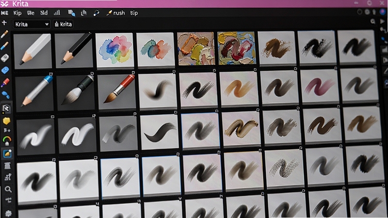 Krita������ˢ�������д����Ļ��չʾ���ֱ�ˢͼ����ʴ�Ч��Ԥ��������Ǧ�ʡ�ˮ�ʡ��ͻ��ȷ�񣬱���Ϊ��ɫ���棬��ˢ�������룬ɫ�ʷḻ��ͻ��Kritaǿ��ı�ˢѡ�����Զ��幦�ܣ���������ϸ�壬�ʺ���Ϊ����չʾͼ��
