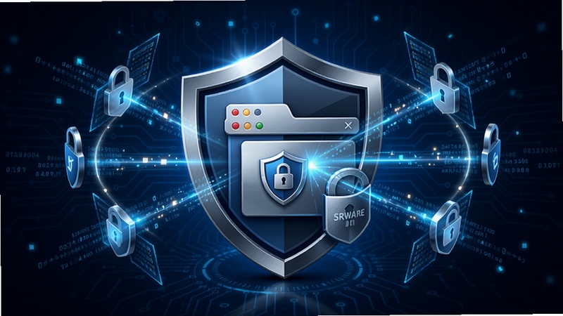 SRWare Iron隐私安全防护功能展示图,画面中央是一个盾牌图标与浏览器窗口结合,四周有光线数据流被拦截的视觉元素,背景采用深蓝色科技感风格,突出数据保护与安全隔离的主题,图标细节精致,带有金属质感光泽,适配AI生图风格