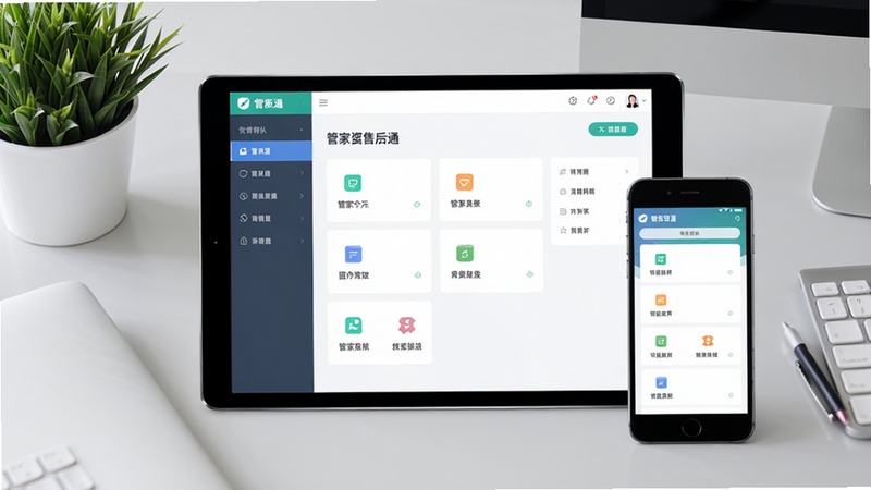一幅现代简约风格的软件产品预览图,画面中央展示管家婆售后通在平板和手机上的运行界面,背景为浅灰色办公桌面,配有绿色植物,整体色调明亮,突出软件界面清晰、功能模块分明的特点,画面干净专业,适合软件下载站头图展示