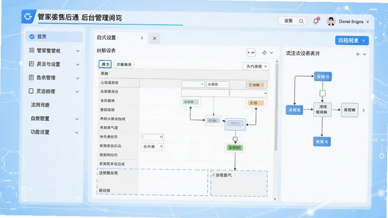 展示管家婆售后通后台管理界面的自定义设置页面,左侧为功能菜单,右侧显示可拖拽的表单设计器和流程节点,背景为浅蓝色科技感界面,画面清晰展示软件的灵活配置能力,适合功能说明配图
