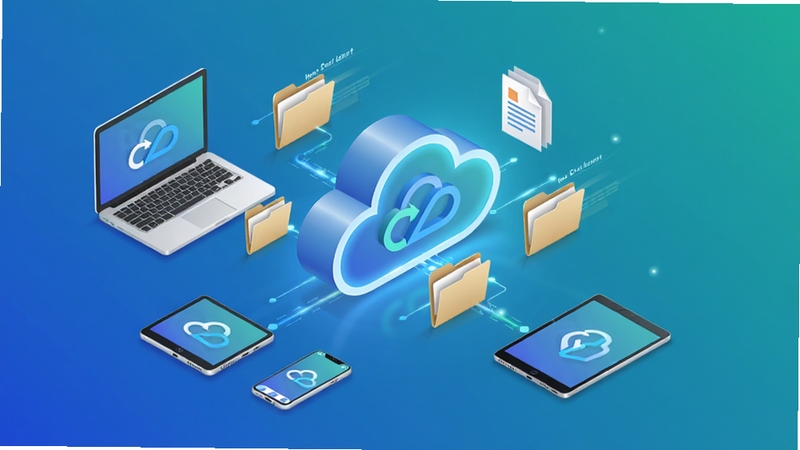 Create an isometric illustration showing the core function of Yixun Cloud Disk, with a central cloud icon connected to multiple devices like laptops, phones, and tablets. The background is a clean gradient of blue and green, symbolizing speed and security. The cloud icon is glowing softly, with file folders and documents floating around it. The overall style is modern and professional, with clear lighting and high detail.