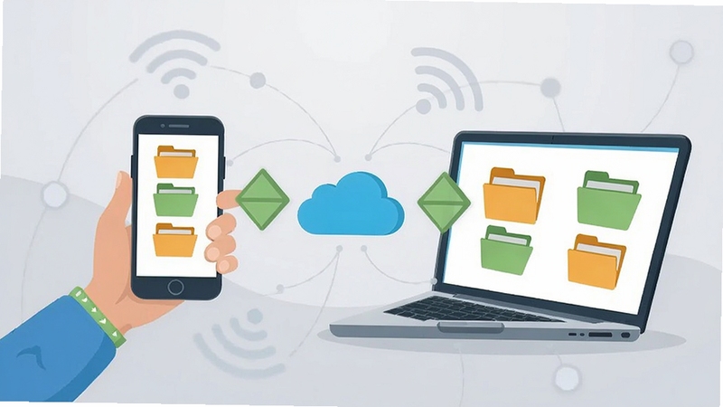A flat design illustration of a person using a smartphone and a laptop simultaneously, with files and folders being synchronized wirelessly between the devices and a cloud symbol in the center. The background is a soft light gray with subtle network connection lines. The main subject is the synchronized devices with a cloud icon in the middle, and the whole image is clean, simple, and user-friendly, with bright, cheerful colors like green and orange for the sync arrows.