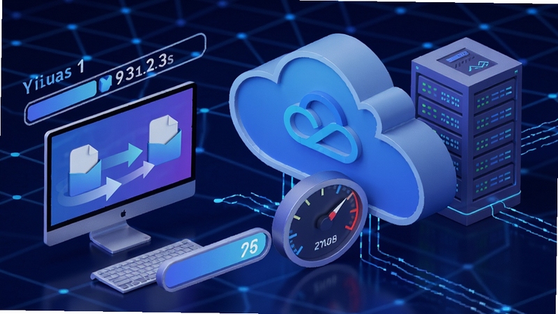 A 3D render style image showcasing the high-speed transmission feature of Yixun Cloud Disk, with a progress bar showing a very fast upload speed, and multiple files being transferred simultaneously between a desktop computer and a cloud server. The background is a futuristic network grid with glowing blue lines, the main subject is a large cloud icon with a speedometer in front of it. The color palette is dominated by blues and purples, creating a sense of high technology and speed.
