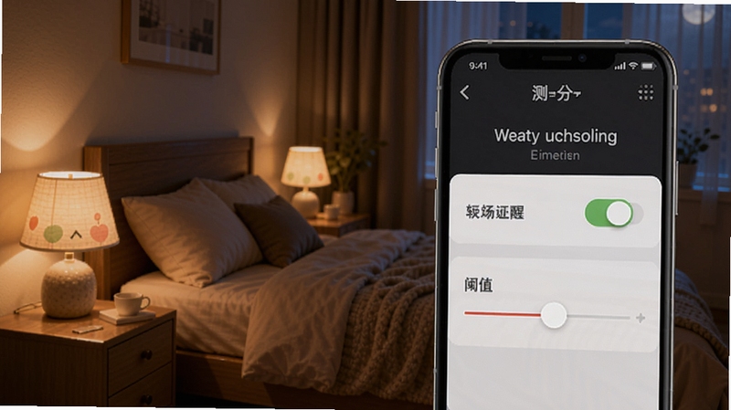 测分贝软件设置界面,显示噪音超标提醒功能开关,阈值调节滑块,背景是卧室夜晚场景,灯光柔和,手机屏幕高亮显示提醒设置,画面主体为手机界面,风格温馨