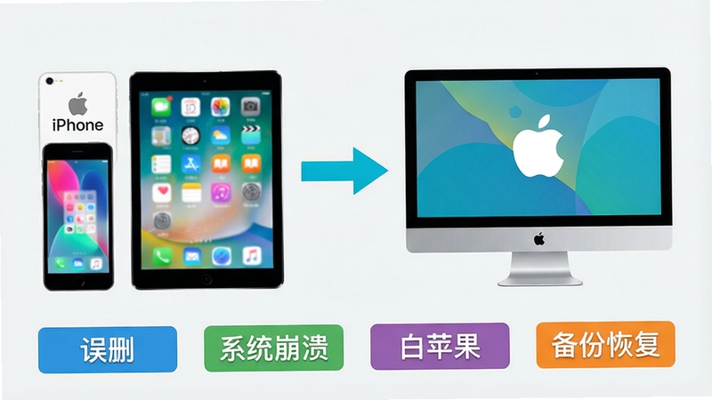 һ��չʾ��ƻ���ݻָ�����֧�ֶ��ָֻ�������ʾ��ͼ�����������iPhone��iPad�豸���Ҳ��ǵ�����Ļ���м��ü�ͷ���ӣ��·��г�����ɾ����ϵͳ����������ƻ���������ݻָ��������ֱ�ǩ������Ϊ�ɾ���ǳ��ɫ��������Ʊ�ƽ����ɫ��������ͻ���๦�ܼ����ԡ�