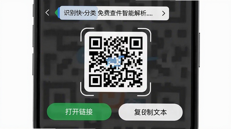 扫二维码免费快查软件智能解析出网址和文本信息的预览图,屏幕上方显示识别结果分类标签,下方有打开链接和复制文本按钮,界面简洁直观