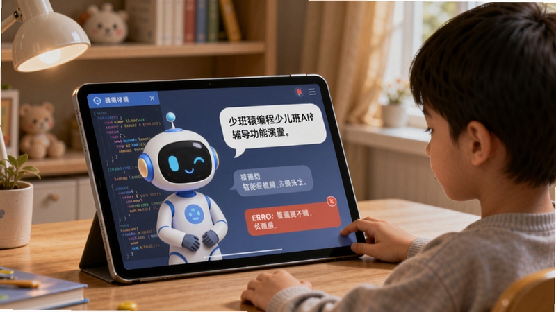 猿编程少儿班AI智能辅导功能演示图,画面中一个孩子坐在书桌前使用平板电脑,屏幕上有AI助手形象和对话气泡,旁边显示代码高亮和错误提示,背景为温馨书房,色调柔和,突出智能交互场景