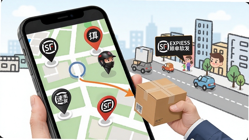 顺丰速发软件的智能快递员调度功能示意图,画面展示手机地图上多个快递员位置标记,一个包裹从用户手中发出,背景为城市街道简笔画风格,突出快速响应与智能派单,色彩明快