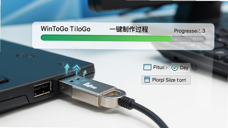 WinToGo一键制作过程示意图,显示进度条和文件复制状态,背景为电脑桌面,U盘插入电脑USB接口,画面明亮,突出便捷高效的特点。