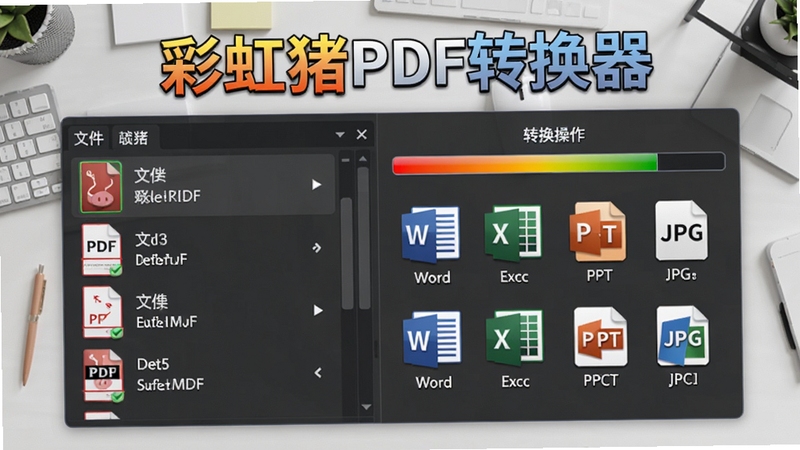 彩虹猪PDF转换器批量转换操作界面,左侧文件列表显示多个PDF文件,右侧显示转换进度条,文件格式图标包括Word、Excel、PPT、JPG等,背景为淡灰色工作台,突出软件名称彩虹猪PDF转换器,细节丰富,UI设计精致