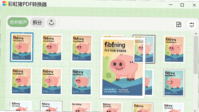 彩虹猪PDF转换器页面管理界面,展示多页PDF缩略图,用户正在拖拽页面调整顺序,工具栏上有合并、拆分、旋转等按钮,背景为淡绿色网格,软件名称彩虹猪PDF转换器清晰可见,扁平化设计,色彩和谐