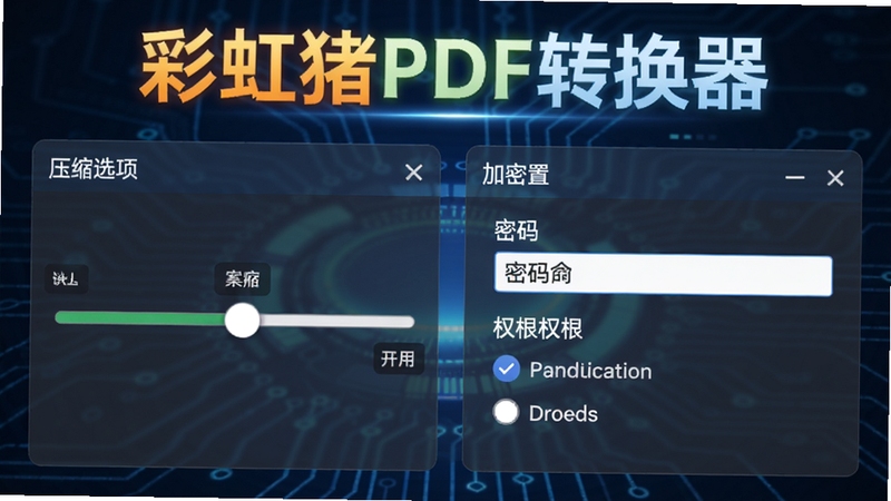 彩虹猪PDF转换器压缩加密功能界面,左侧为压缩选项滑块,右侧为加密设置面板,包含密码输入框和权限选项,背景为深蓝色科技感设计,软件名称彩虹猪PDF转换器以高亮字体显示,整体视觉专业
