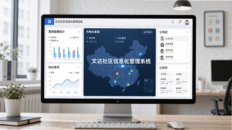 文达社区信息化管理系统主界面预览图,展示社区管理后台的仪表盘,包含居民数据统计、待办事项、公告栏等模块,整体风格简洁明亮,现代感强,屏幕中央显示系统名称,背景为办公桌面环境