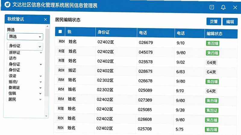 文达社区信息化管理系统居民信息管理界面截图,展示表格形式的居民列表,包含姓名、身份证、电话等字段,左侧有筛选栏,界面配色以蓝白为主,清晰展示数据录入与编辑状态