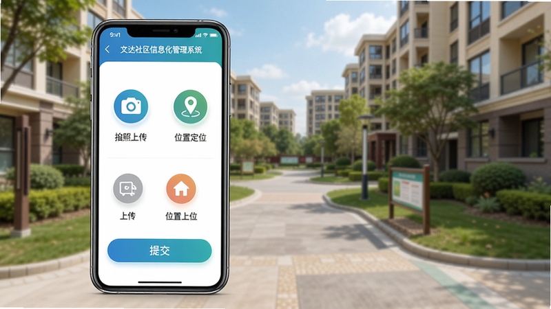 文达社区信息化管理系统移动端操作界面,展示手机上的事件上报页面,包含拍照上传、位置定位、提交按钮,背景为社区实景,界面采用大图标设计,便于手指点击,整体色调清爽