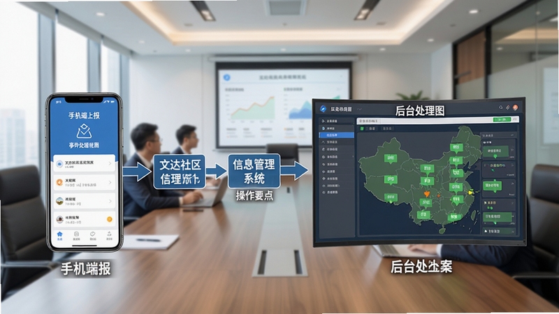 文达社区信息化管理系统事件处理流程图,展示从上报到结案的步骤示意图,包含手机端上报界面与后台处理界面,背景为办公会议场景,画面清晰标注各环节操作要点