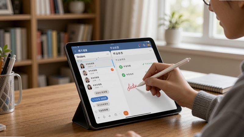 �ݷ�����-��ʦ�˻������棬�������촰�ں���ҵ����ҳ�棬��ʦ����д����ƽ����������ҵ����Ļ��ʾѧ���б�����ҵ״̬���������鷿��������Ȼ��ͻ�������ı����