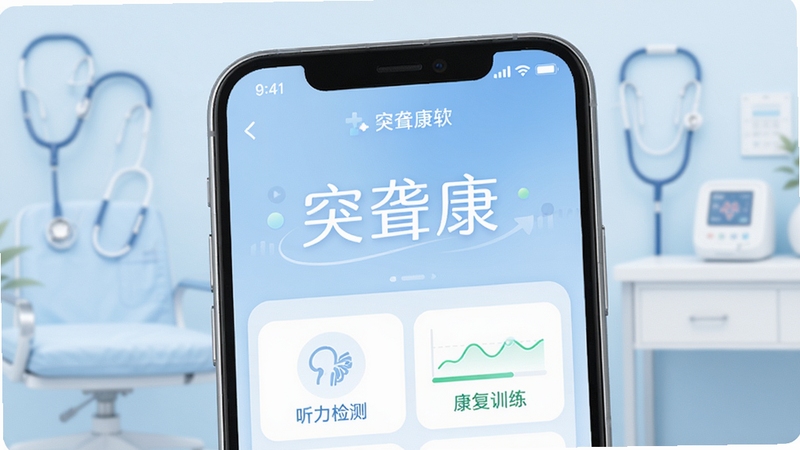 突聋康主界面展示,手机屏幕显示听力检测图表与康复训练进度,背景为淡蓝色医疗风格,画面中央突出突聋康软件名称,整体色调柔和,清晰展示软件核心功能,适合医疗健康类应用预览图
