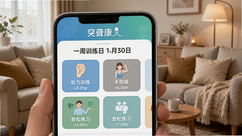 突聋康个性化康复计划界面,手机屏幕显示一周训练日程安排,包含听力训练、手指操、放松练习等模块,背景为温馨的居家环境,画面清晰展示软件名称突聋康,风格简洁直观,适合健康管理类应用截图