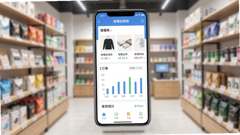 一张智能手机屏幕展示锶懂会商城软件主界面,界面包含商品列表、订单图表和库存统计卡片,背景为虚化的实体店铺货架,整体风格明亮清晰,突出移动管理便捷性,画面主体居中,构图干净。