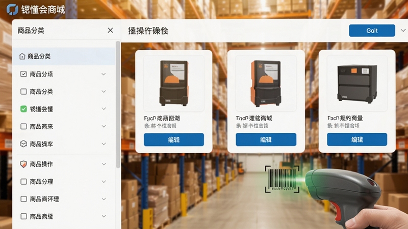 锶懂会商城软件商品管理界面特写,左侧为商品分类列表,右侧显示商品卡片和编辑按钮,背景有模糊的仓库货架,画面采用暖色调,突出批量操作与条码扫描功能,构图清晰展示操作流程。