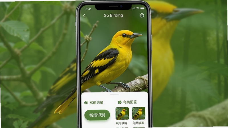 Go Birding ������������������Ԥ��ͼ����������չʾһֻɫ�����޵Ļ������д���������黯����ɫɭ�֣������·�������ʶ��ť������ͼ���б���������������Ȼ������̽����Χ���ʺ��ֻ�����չʾ