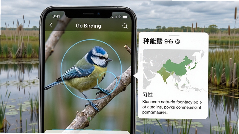 Go Birding ��������Ԥ��ͼ���ֻ���Ļ��ʾ����ʶ��һֻվ����֦�ϵ�����ɽȸ��������Ȧ��ʶ�������Աߵ���������Ϣ��Ƭ��չʾ���ơ��ֲ���ͼ��ϰ�Խ��ܣ�����Ϊ��Ȼʪ�ػ��������дʵ����