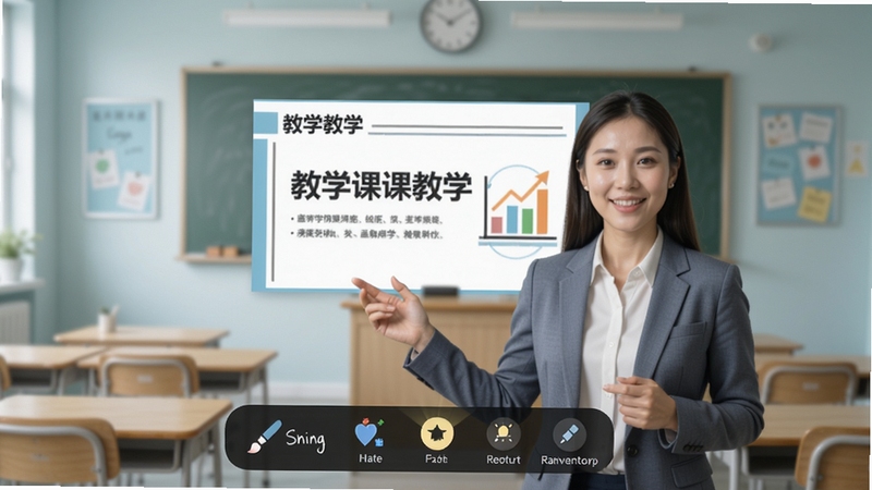 ������Ƶ΢��¼��ģʽ���棬չʾ��ʦ�������ѧPPTͬ��Ч���������·��л��ʱ�ע���۹�Ƶȹ��߰�ť������Ϊ���Ľ��ҳ���������ɫ����ͣ�ͻ����ѧ������ʵ����