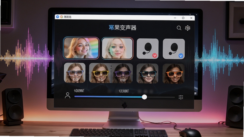 幂果变声器主界面预览图,展示软件在电脑桌面上的运行状态,背景为炫彩声波图形,界面包含多种音色选项和音量调节滑块,画面清晰明亮,突出软件专业与易用的特点。