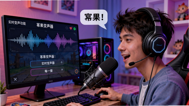 幂果变声器实时变声功能示意图,画面中一名玩家戴着耳机对着麦克风说话,电脑屏幕上显示声音波形和变声选项,背景为游戏场景,色彩鲜艳,突出实时变声在游戏中的应用。