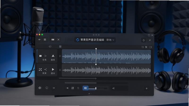 幂果变声器录音编辑功能界面,展示音频波形轨道和剪辑工具按钮,背景为工作室场景,有麦克风和耳机,色调以深蓝和灰色为主,体现专业音频处理氛围。