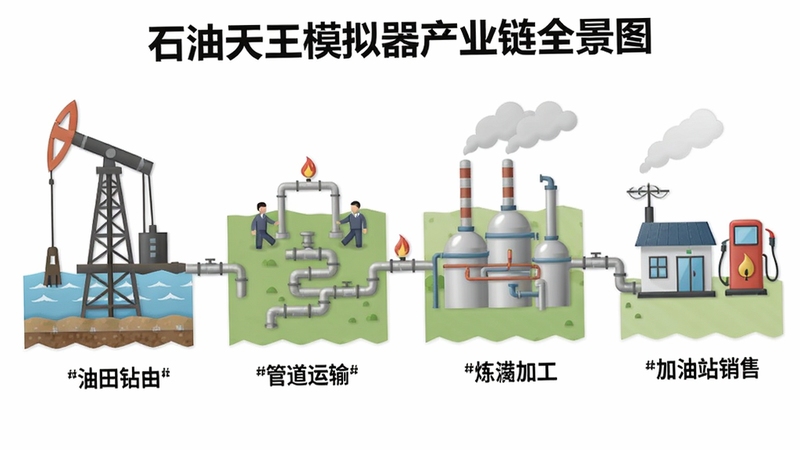 石油天王模拟器产业链全景图,画面展示从油田钻井、管道运输到炼油厂加工、加油站销售的完整流程,每个环节都有细节标注,风格简洁直观,适合作为功能说明配图
