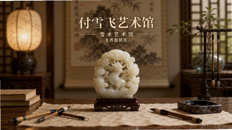 付雪飞艺术馆主界面预览图,展示玉雕作品高清大图,背景为淡雅中式书房,暖色灯光,画面中央摆放一件白玉雕刻摆件,桌面有笔墨纸砚,整体氛围宁静高雅,突出艺术馆品牌名称与收藏属性,适合移动端竖屏展示