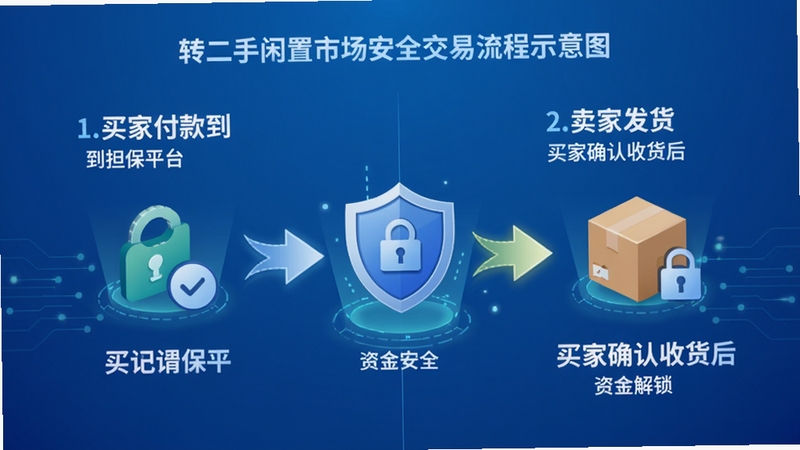 转二手闲置市场安全交易流程示意图,画面分为左右两部分,左侧是买家付款到担保平台,右侧是卖家发货买家确认收货后资金解锁,中间用箭头和盾牌图标强调资金安全,背景为简洁的蓝色渐变科技感风格,文字清晰标注每一步骤